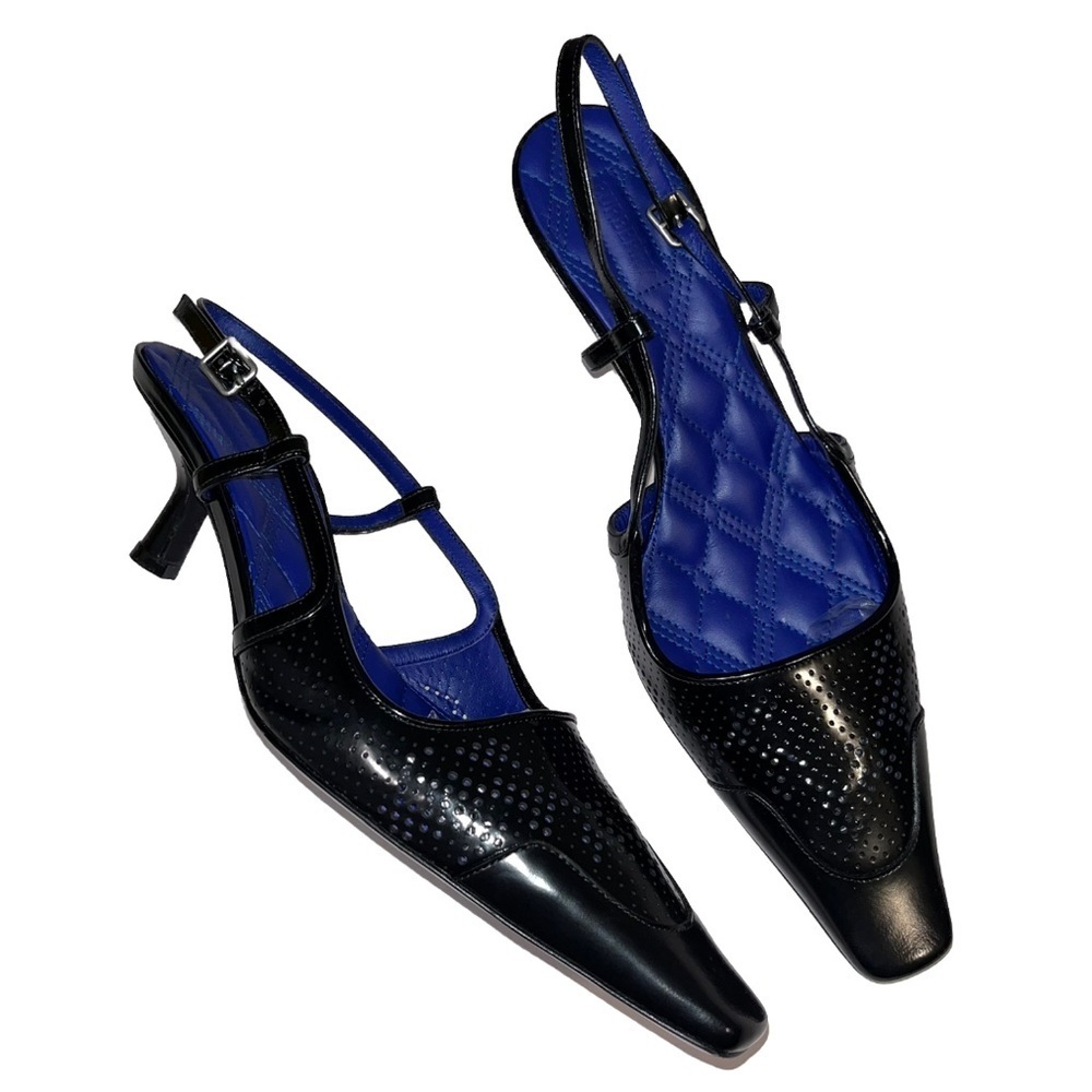 Burberry Chisel Slingback Kitten Heels Black Perforated Leather Preppy EU38 US8